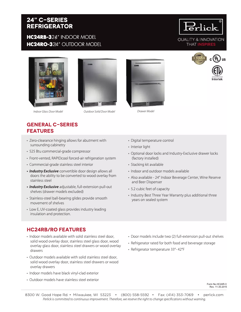 Page 1 of the manual Technical Sheet Perlick HC24RB-3-5