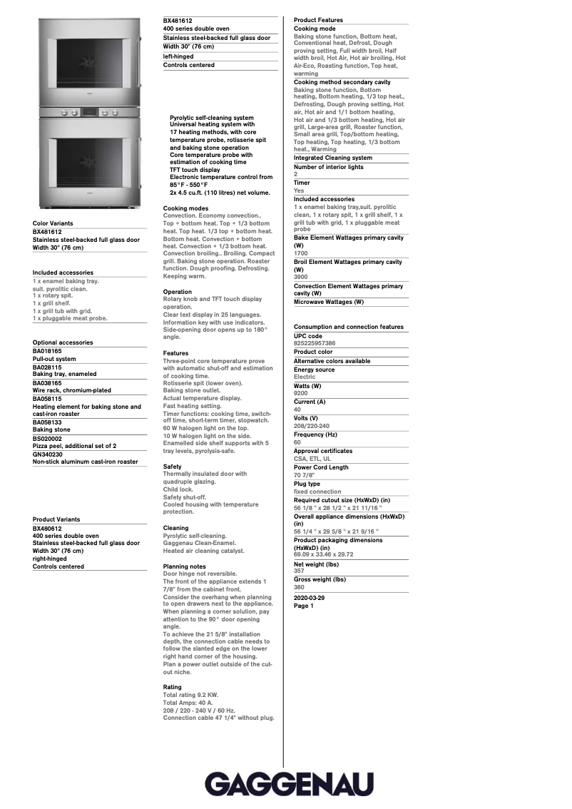 Page 1 of the manual Technical Sheet Gaggenau BX481612