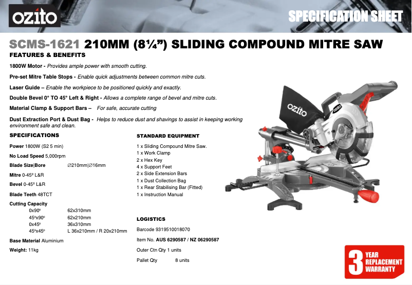 Page 1 of the manual Technical Sheet Ozito SCMS-1621