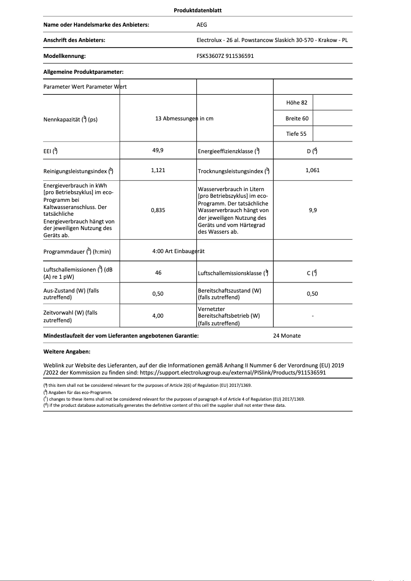 Page 1 of the manual Technical Sheet AEG FSK53607Z