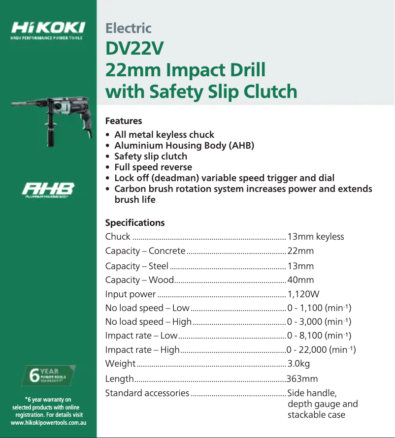 Page 1 of the manual Technical Sheet HiKOKI DV 22V