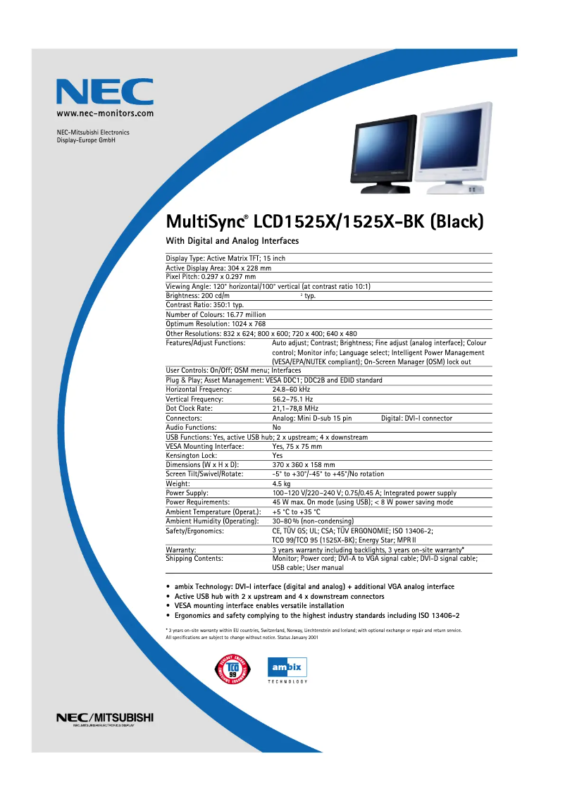 Page 1 of the manual Technical Sheet NEC MultiSync LCD1525X