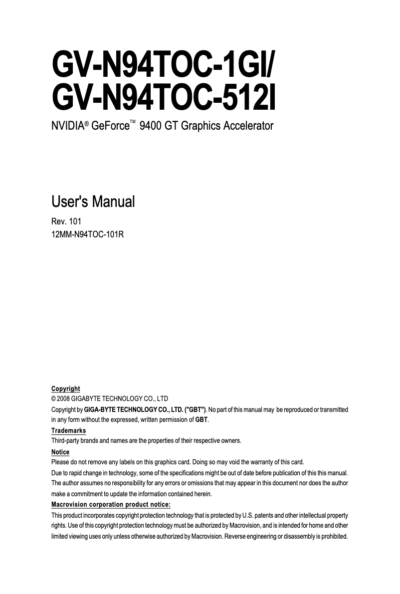 First page image of the manual for GV-N94TOC-1GI