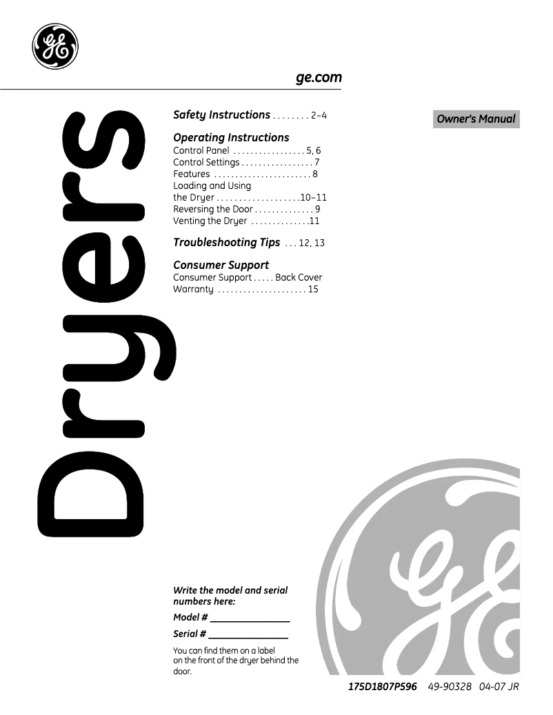 Page 1 of the manual Use and Maintenance Manual GE DVLR223EGWW