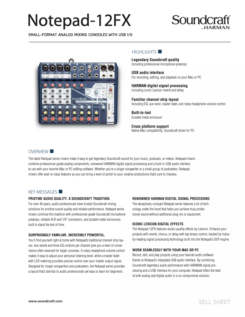 Page 1 of the manual Technical Sheet Soundcraft Notepad-12FX