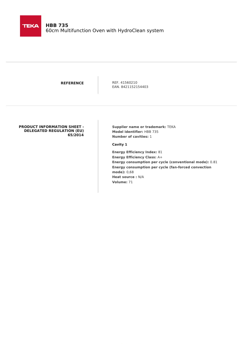 Page 1 of the manual Technical Sheet Teka HBB 735