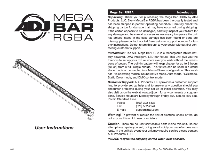 Page 1 of the manual User Manual American DJ Mega Bar RGBA