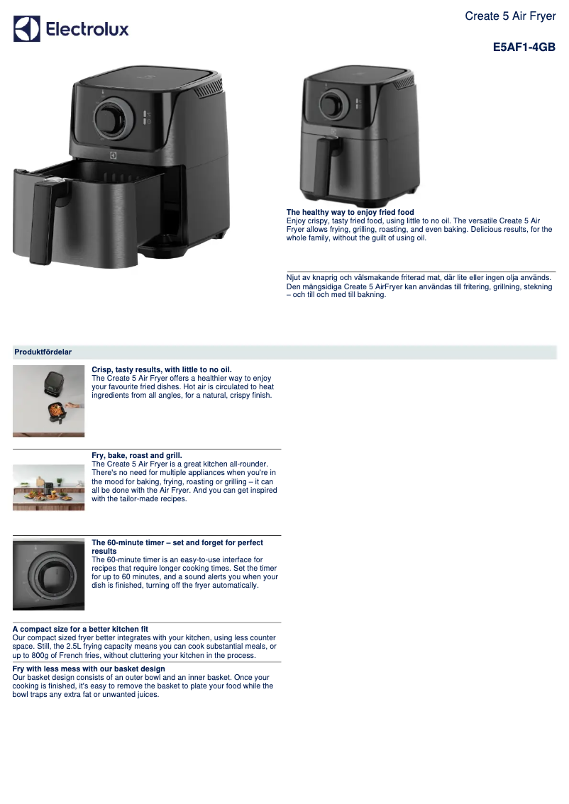 Page 1 of the manual Technical Sheet Electrolux Create 5 E5AF1-4GB
