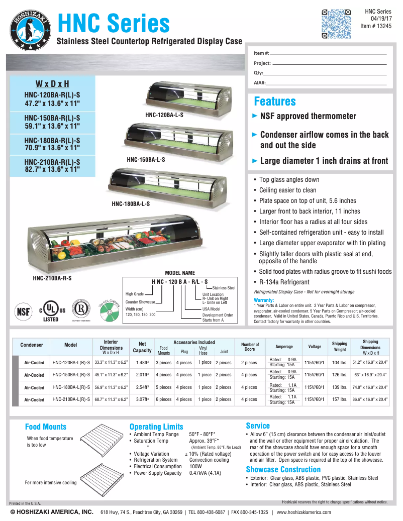 Page 1 of the manual Technical Sheet Hoshizaki HNC-210BA