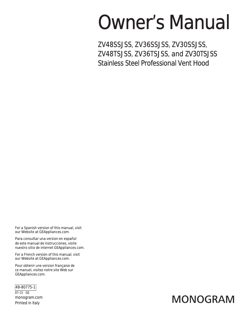 First page image of the manual for ZV48SSJSS