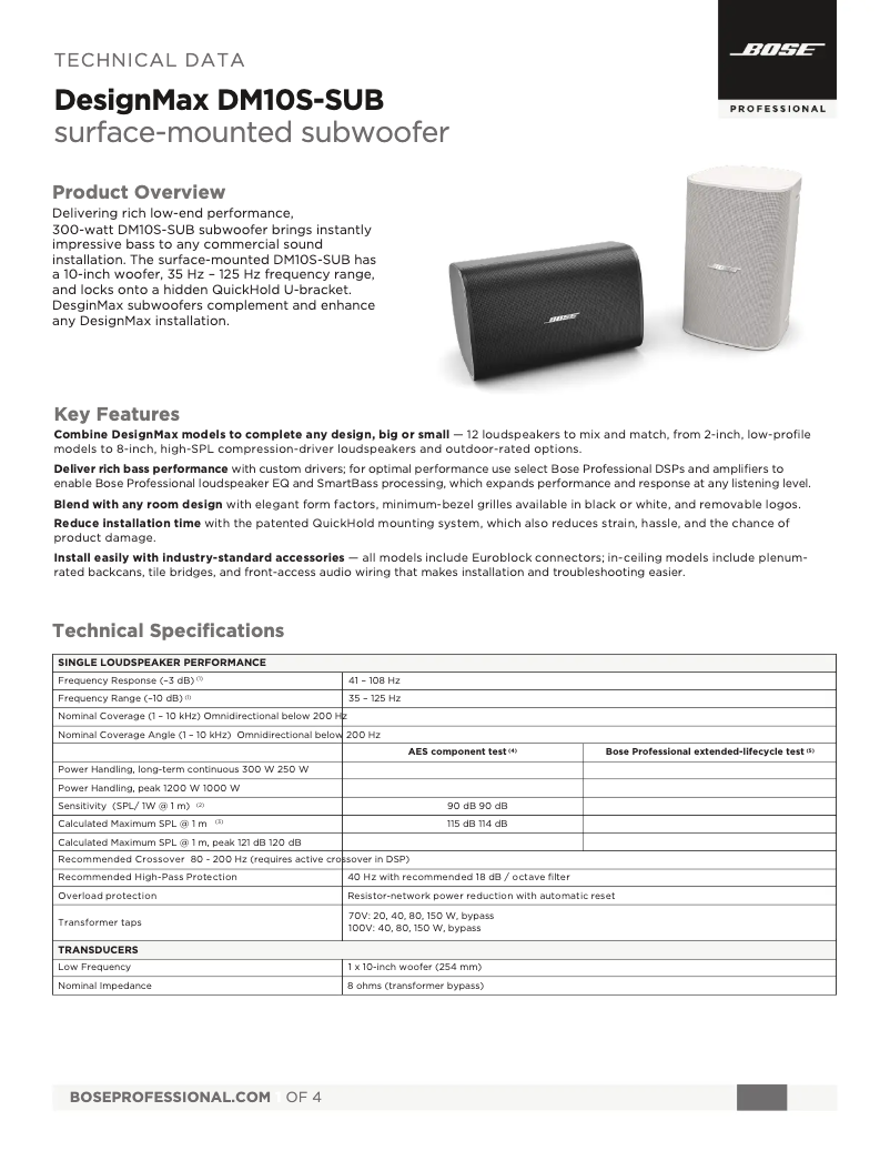Page 1 of the manual Technical Sheet Bose DesignMax DM10S-Sub