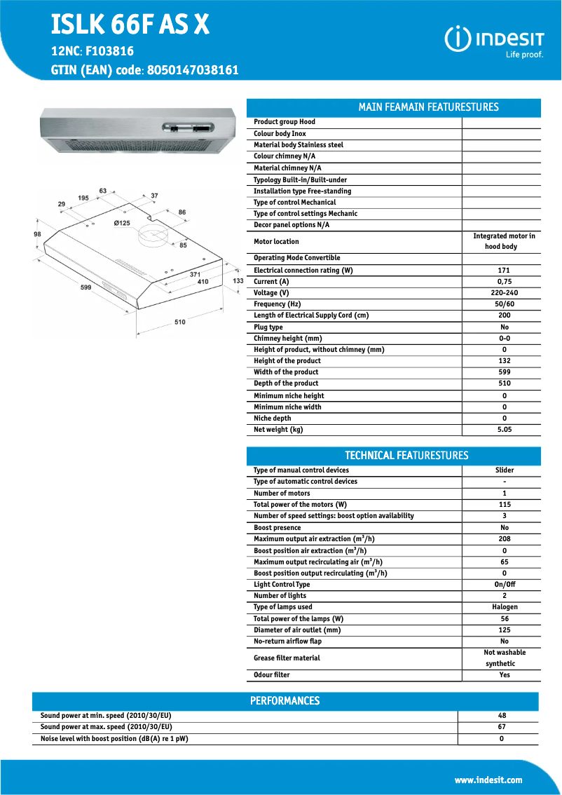 Page 1 of the manual Technical Sheet Indesit ISLK 66F AS X