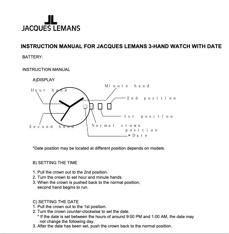 Page 1 of the manual User Manual Jacques Lemans London 1-1862ZD