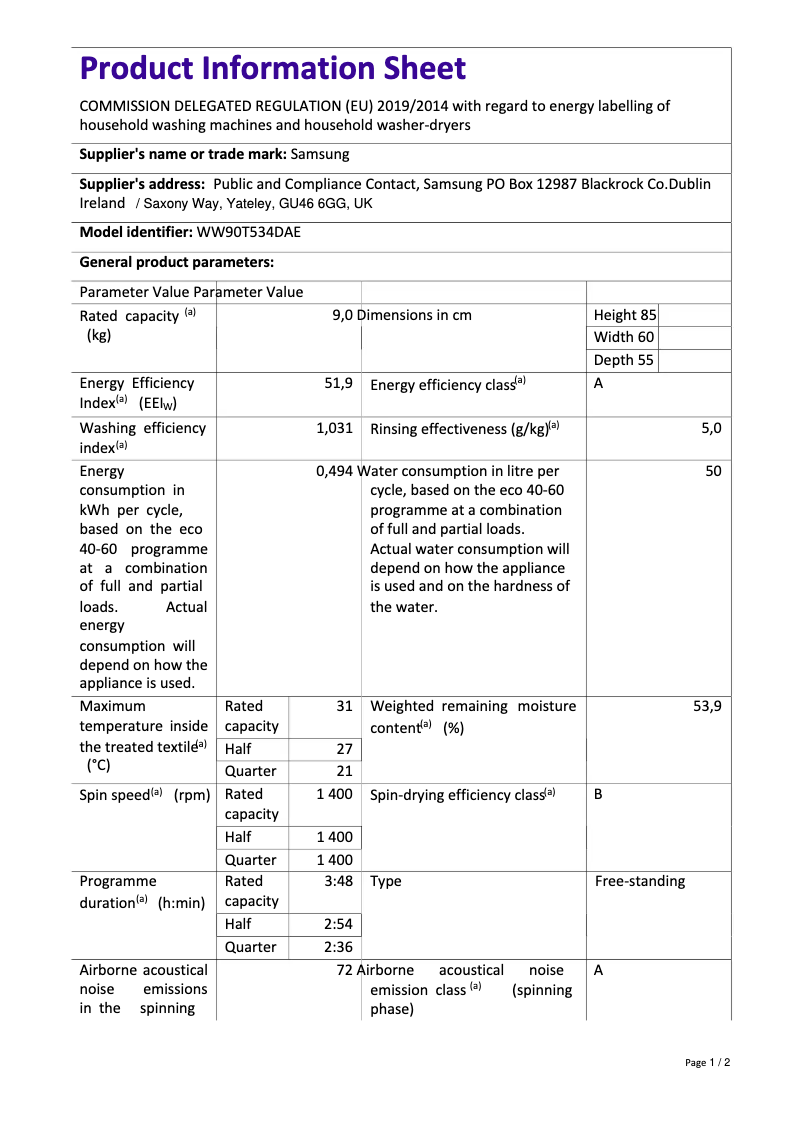 Page 1 of the manual Technical Sheet Samsung WW90T534DAE