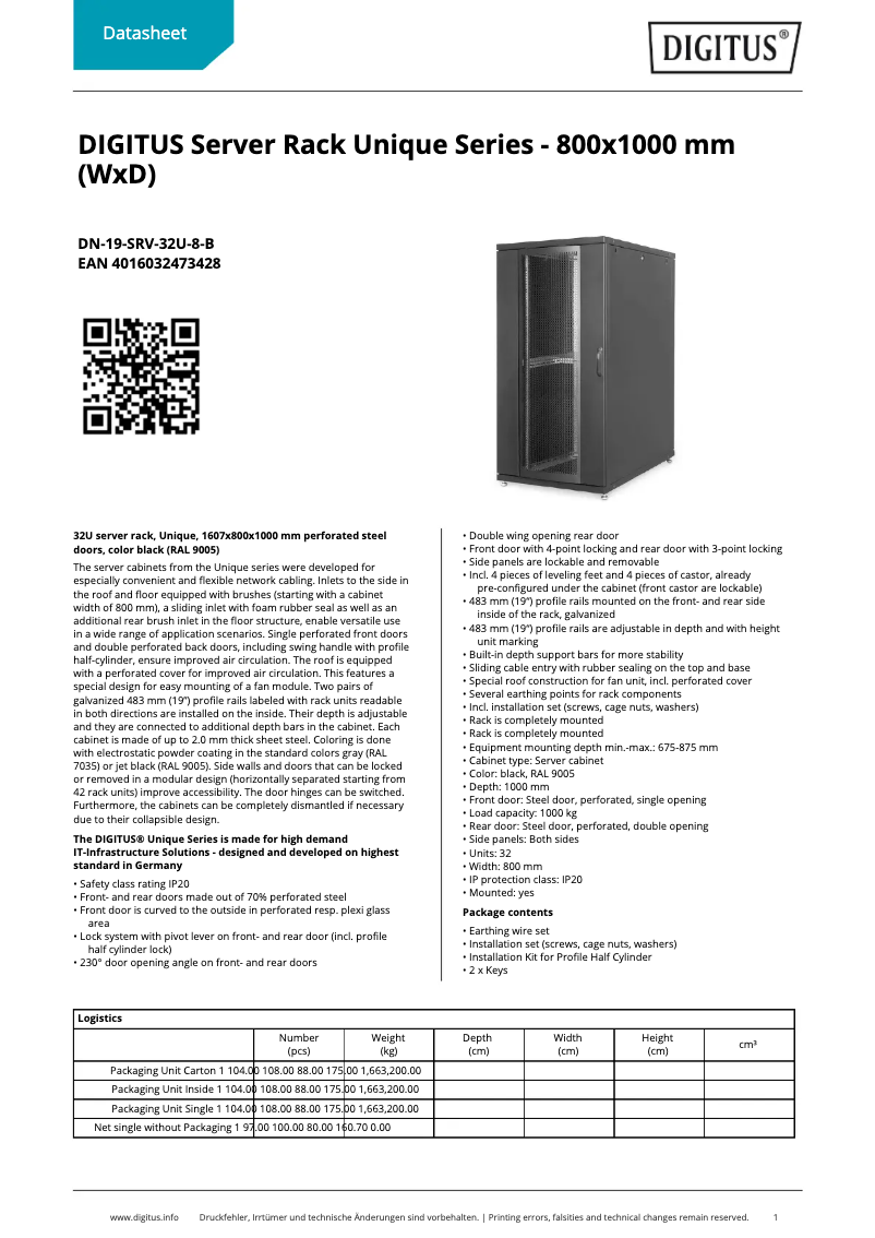 Page 1 of the manual Technical Sheet Digitus DN-19-SRV-32U-8-B