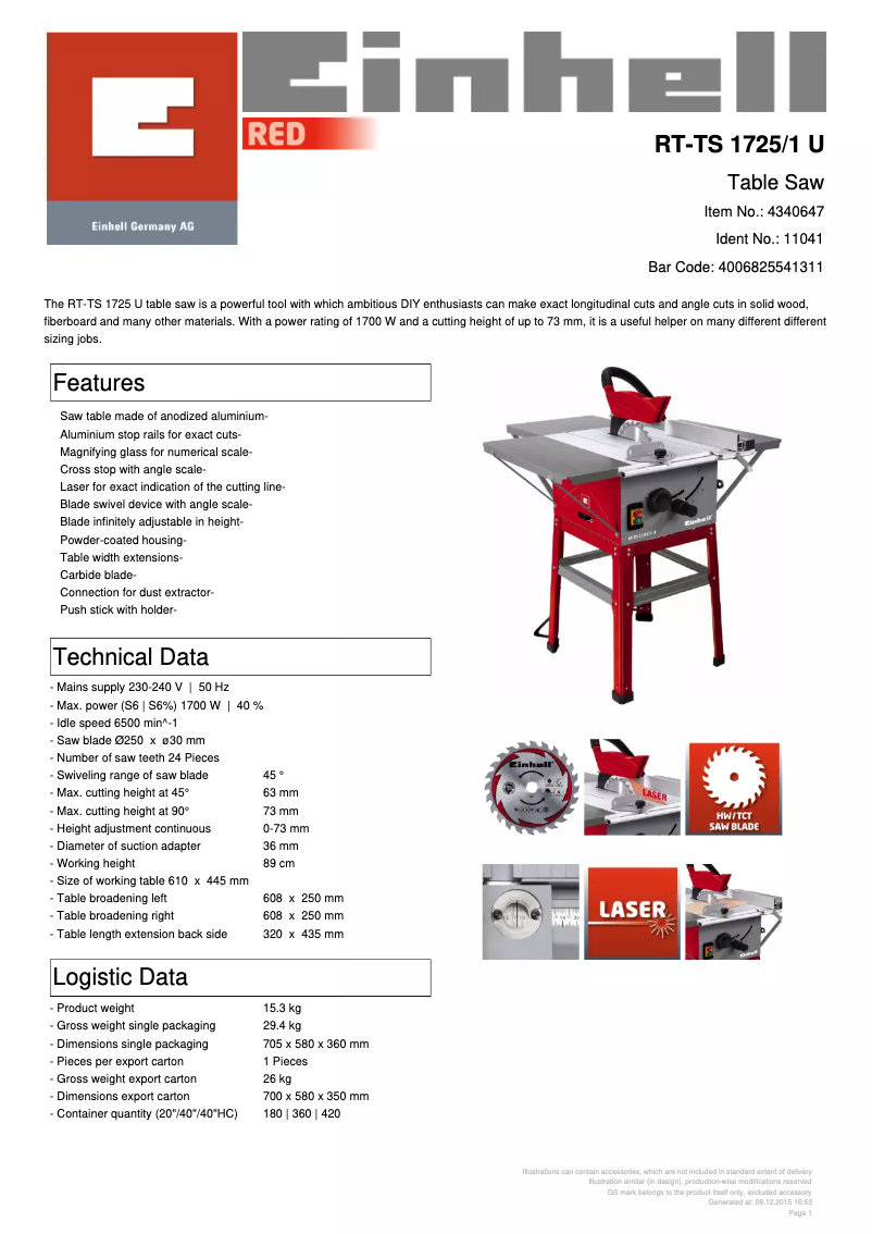 Page 1 of the manual Technical Sheet Einhell RT-TS 1725/1 U