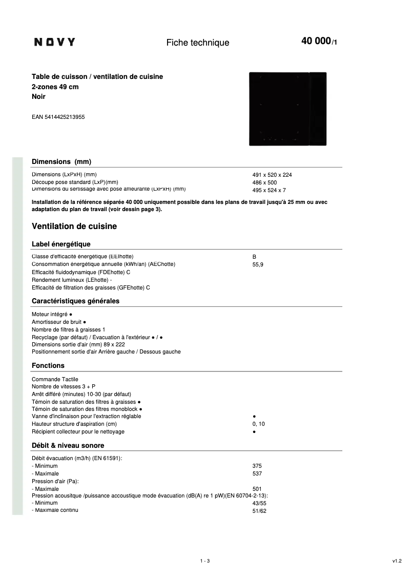 Page 1 of the manual Technical Sheet Novy Up Power 40000
