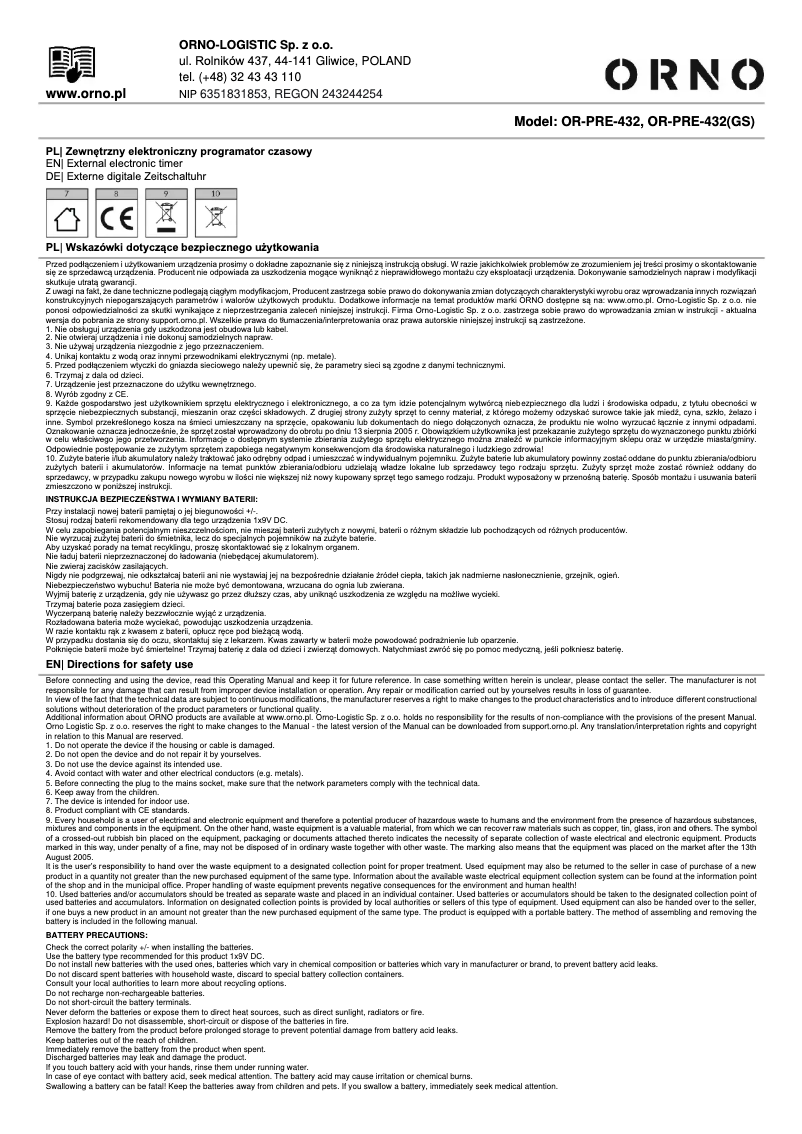 Page 1 de la notice Manuel utilisateur ORNO OR-PRE-432