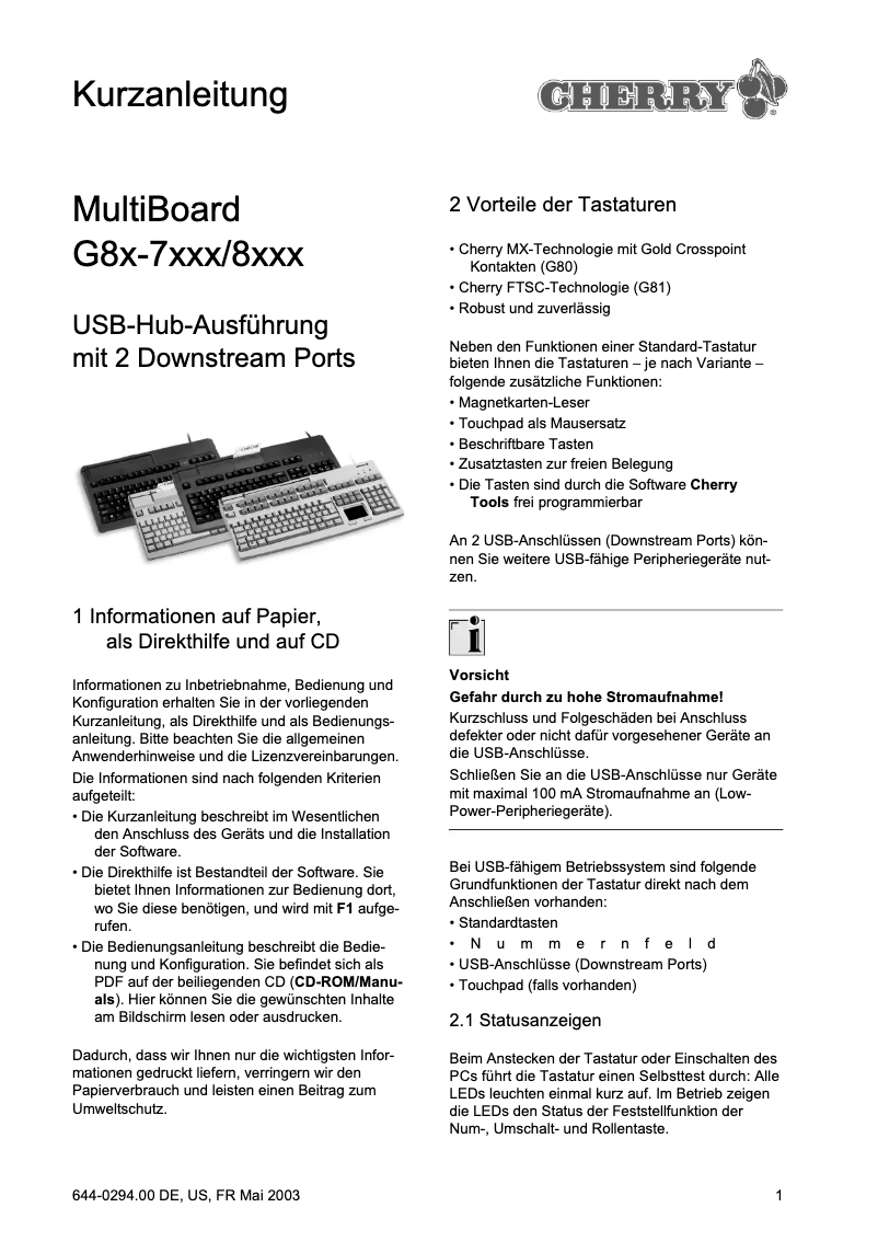 Page 1 of the manual User Manual Cherry MultiBoard G80-8113