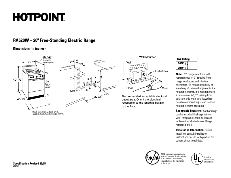 Page 1 of the manual Technical Sheet Hotpoint RA520WWH