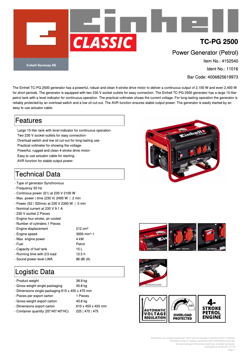 Page 1 of the manual Technical Sheet Einhell TC-PG 2500