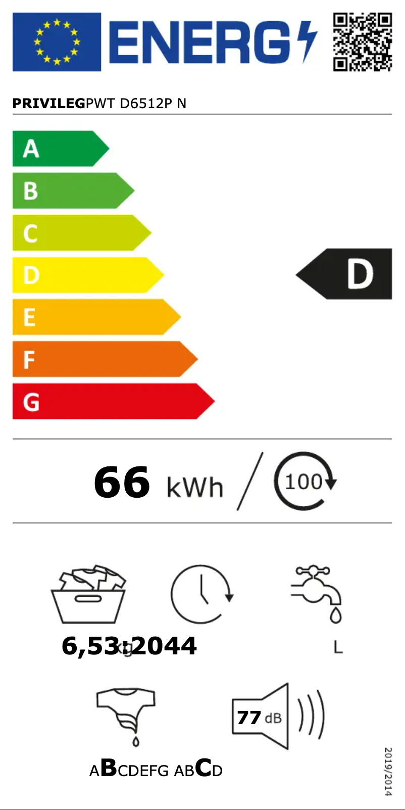 Page 1 of the manual Energy Label Privileg PWT D6512P N