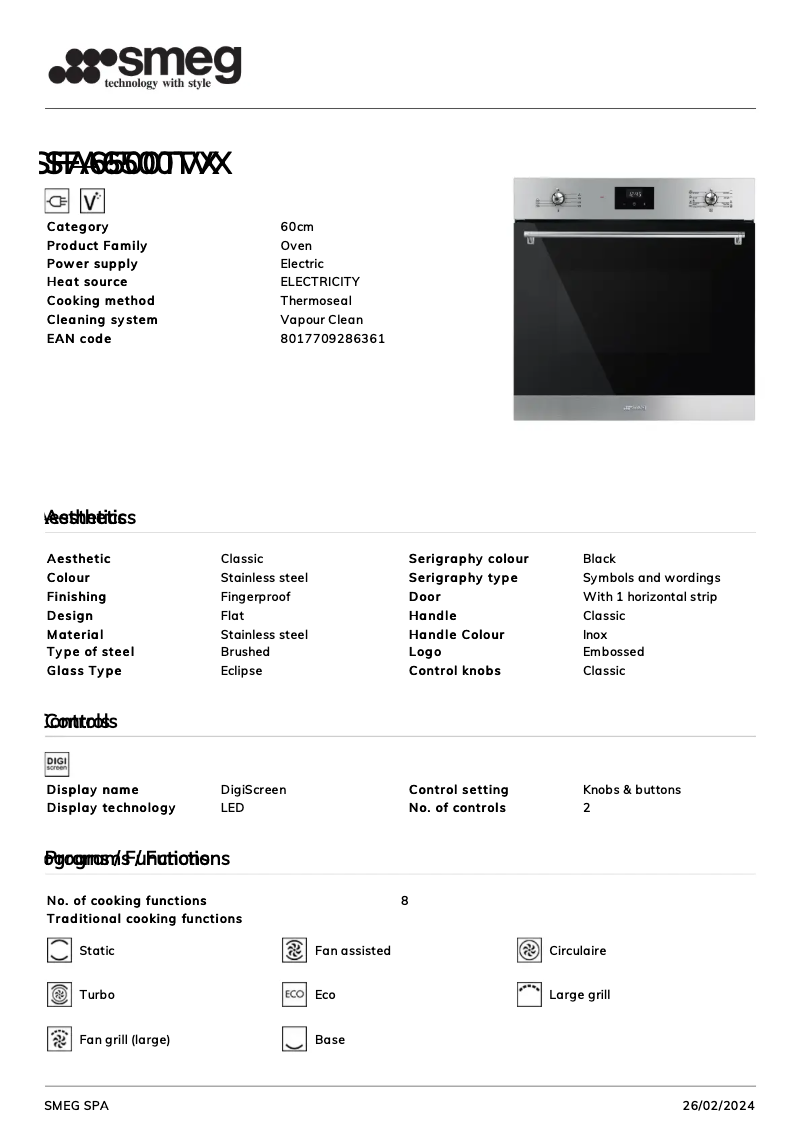 Page 1 of the manual Technical Sheet Smeg SFA6500TVX