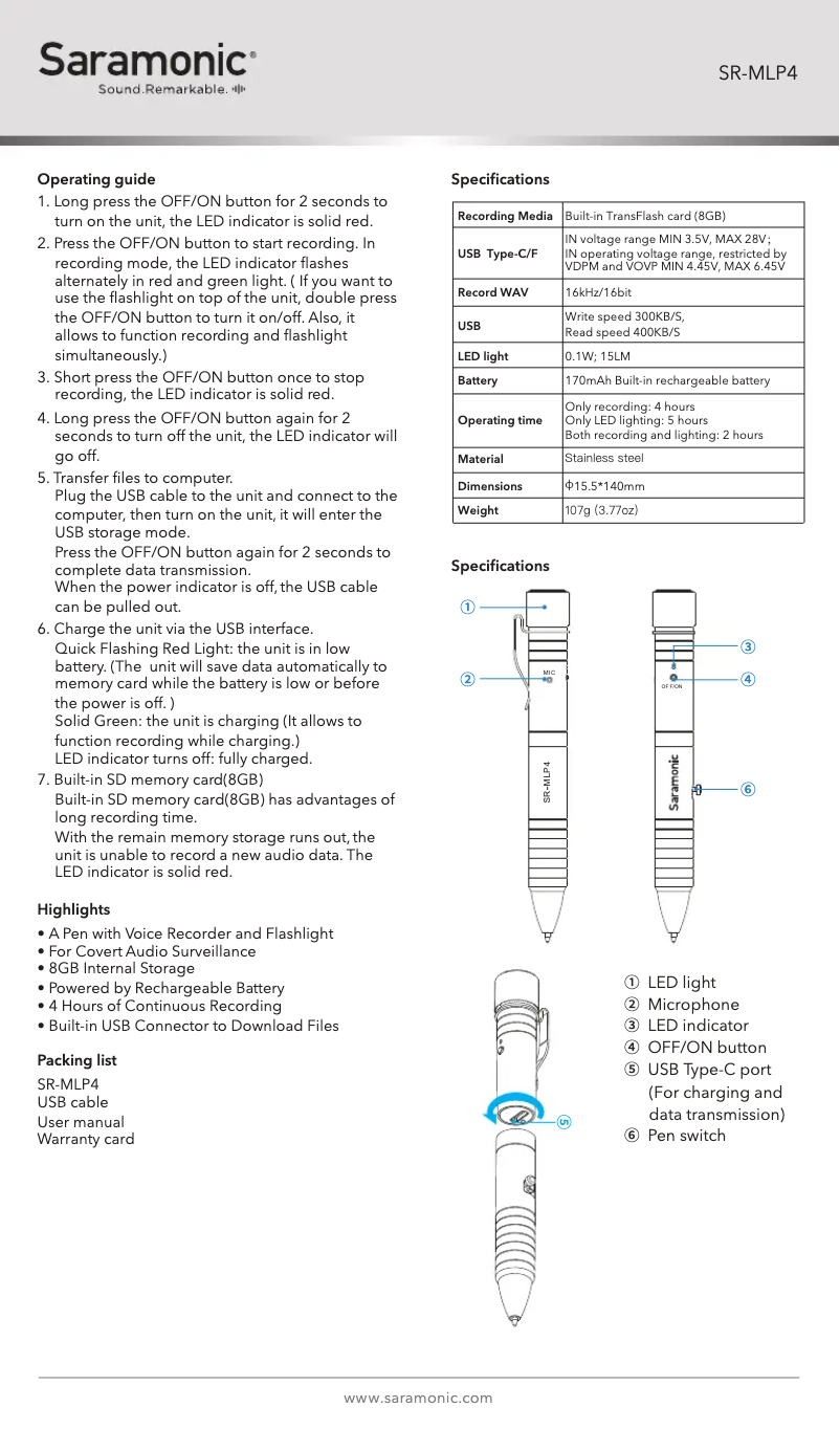 Page 1 de la notice Manuel utilisateur Saramonic SR-MLP4
