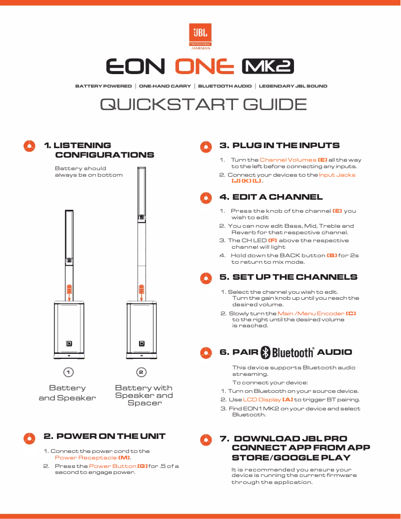 Page 1 of the manual Quick Start Guide JBL EON ONE MK2