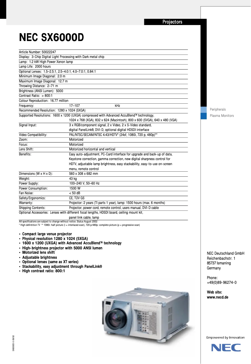 Page 1 of the manual Technical Sheet NEC MultiSync SX6000