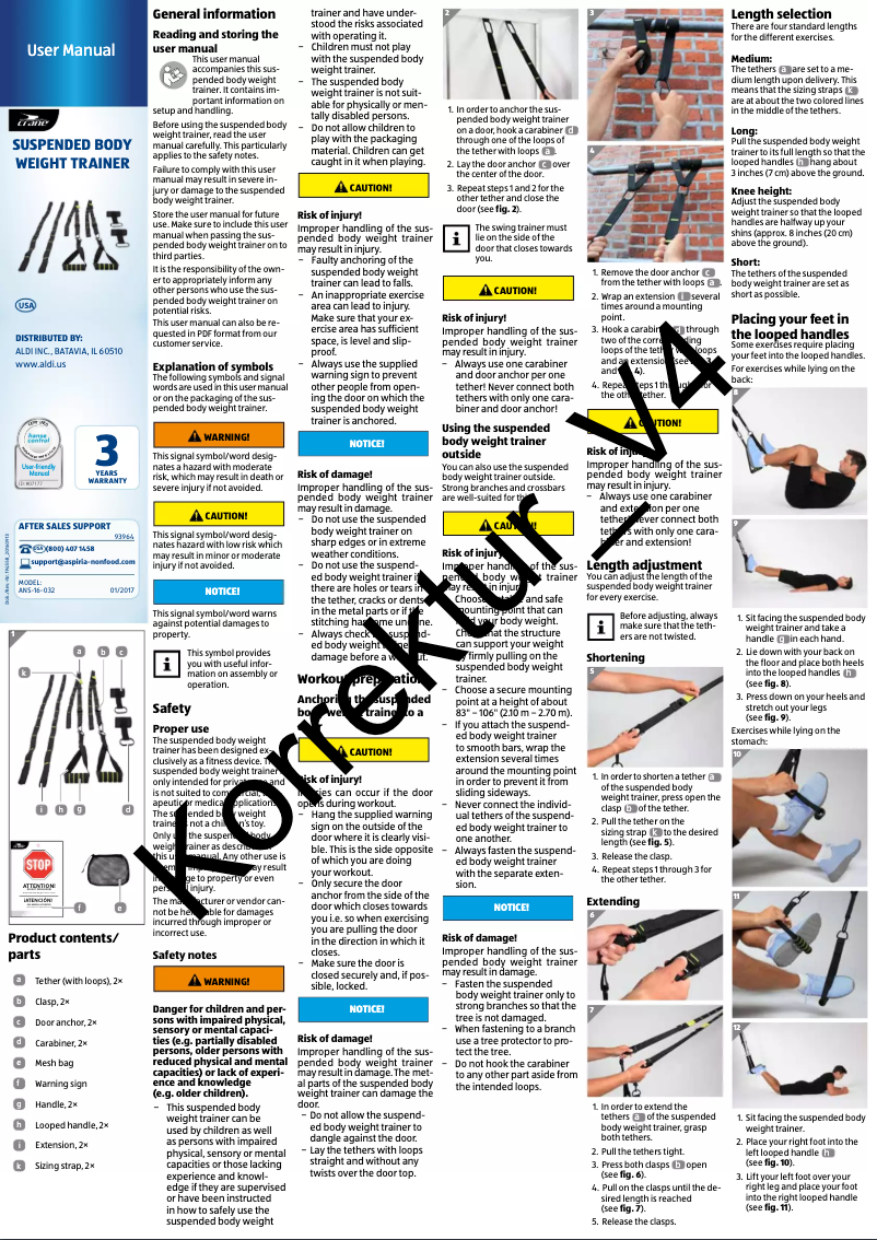 First page image of the manual for Suspended Body Weight Trainer ANS-16-032