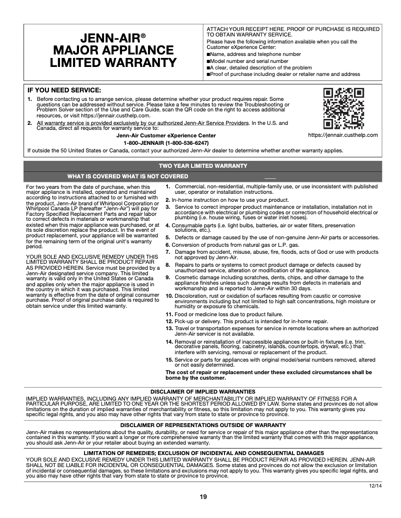 Page 1 of the manual Warranty Information JennAir JJW2427DS