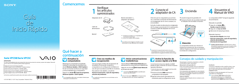 First page image of the manual for Vaio VPCSB1AGX