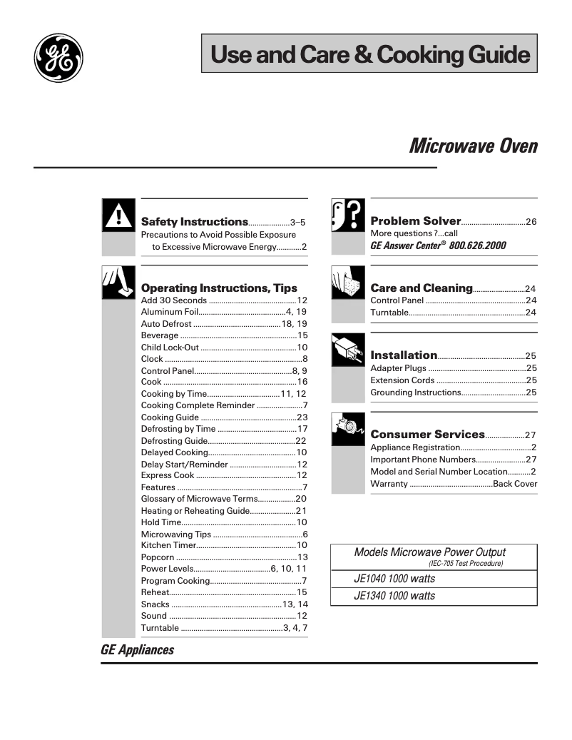 Page 1 of the manual Use and Maintenance Manual GE JE1040GY