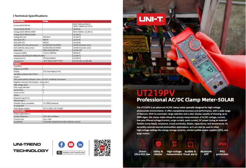 Page 1 de la notice Fiche technique Uni-T UT219PV