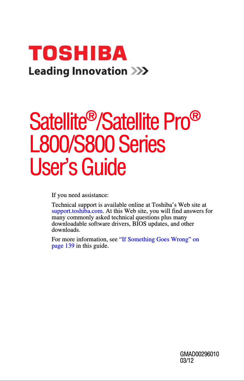 Page 1 of the manual User Manual Toshiba Satellite Pro L800