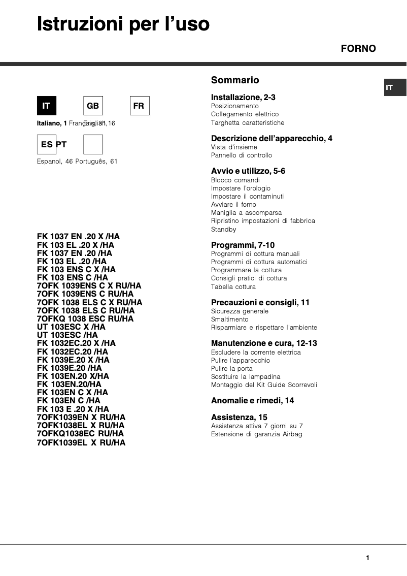 Page 1 of the manual User Manual Hotpoint Ariston FK 103E.20 X/HA