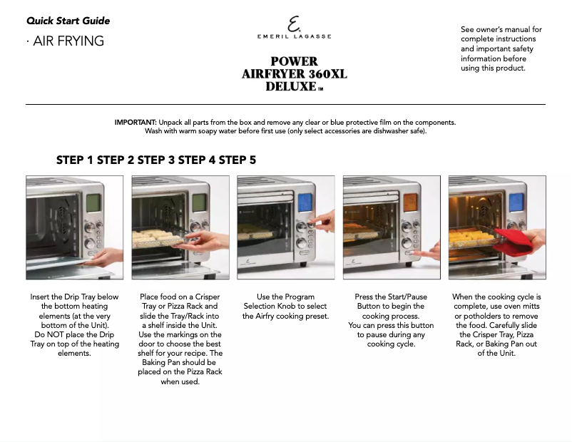 Page 1 of the manual Quick Start Guide Emeril Lagasse Power AirFryer 360XL Deluxe S-AFO-004