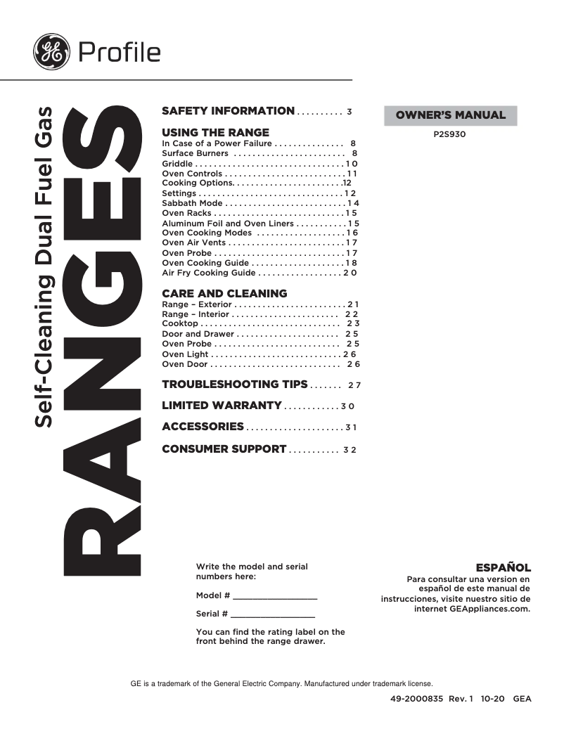 Page 1 of the manual Use and Maintenance Manual GE P2S930SELSS
