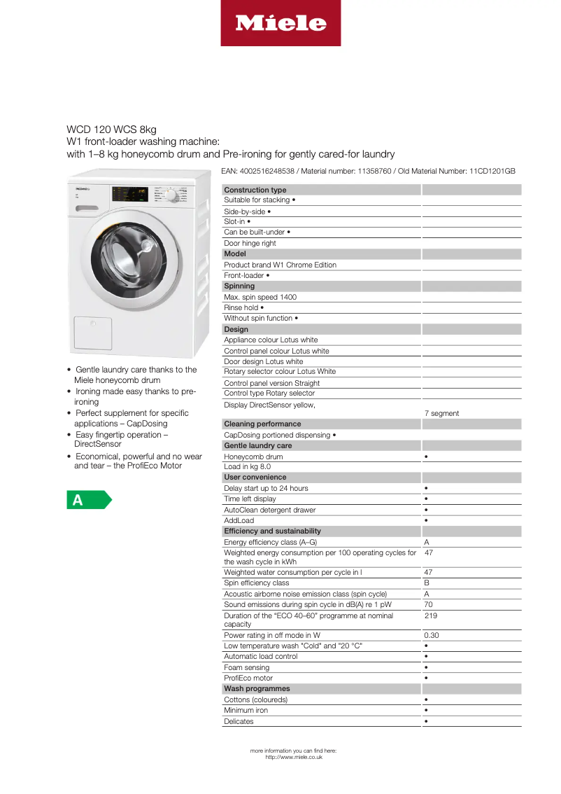 Page 1 of the manual Technical Sheet Miele WCD 120 WCS