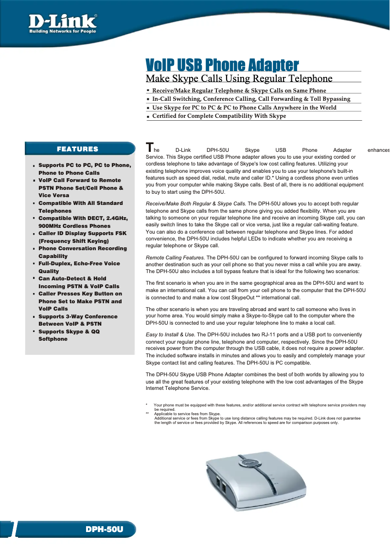 Page 1 of the manual Technical Sheet D-Link DPH-50U