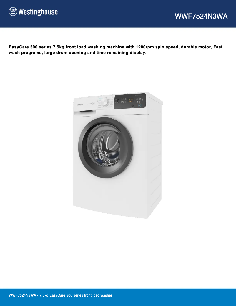 Page 1 of the manual Technical Sheet Westinghouse WWF7524N3WA