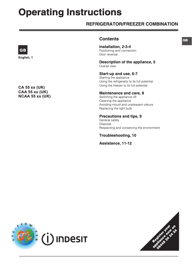 Page 1 of the manual Instruction Manual Indesit NCAA 55 (UK)