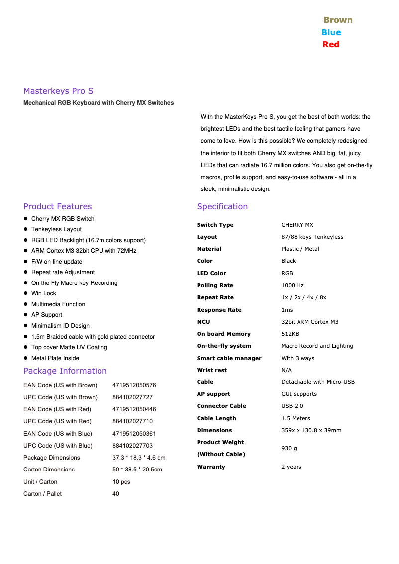 First page image of the manual for MasterKeys Pro S RGB