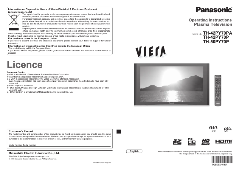 First page image of the manual for Viera TH-42PY70PA