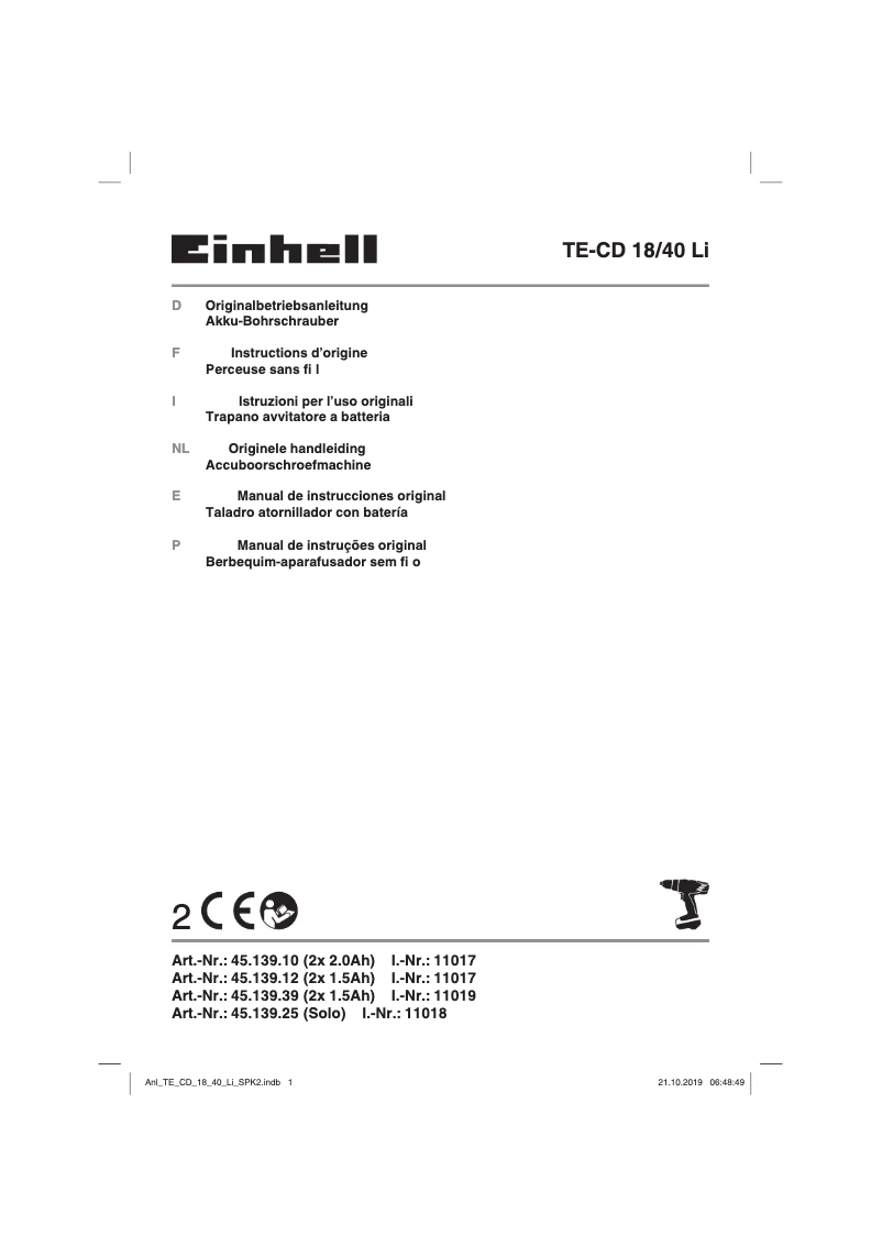 First page image of the manual for TE-CD 18/40-1 Li