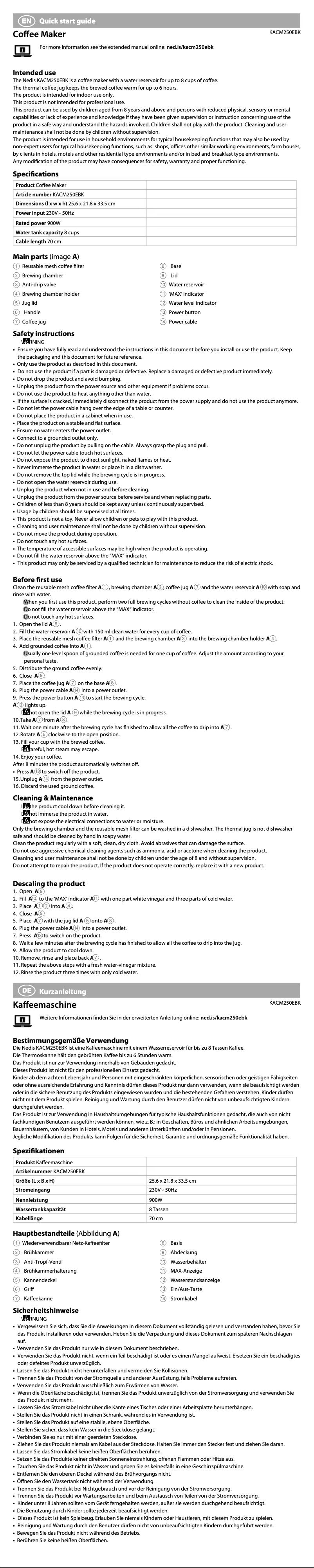 First page image of the manual for KACM250EBK