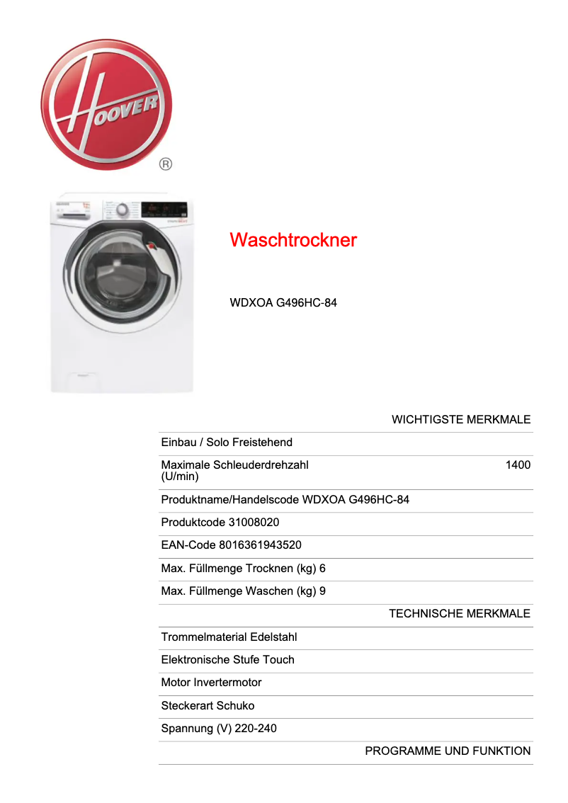 Page 1 of the manual User Manual Hoover WDXOA G496HC-84