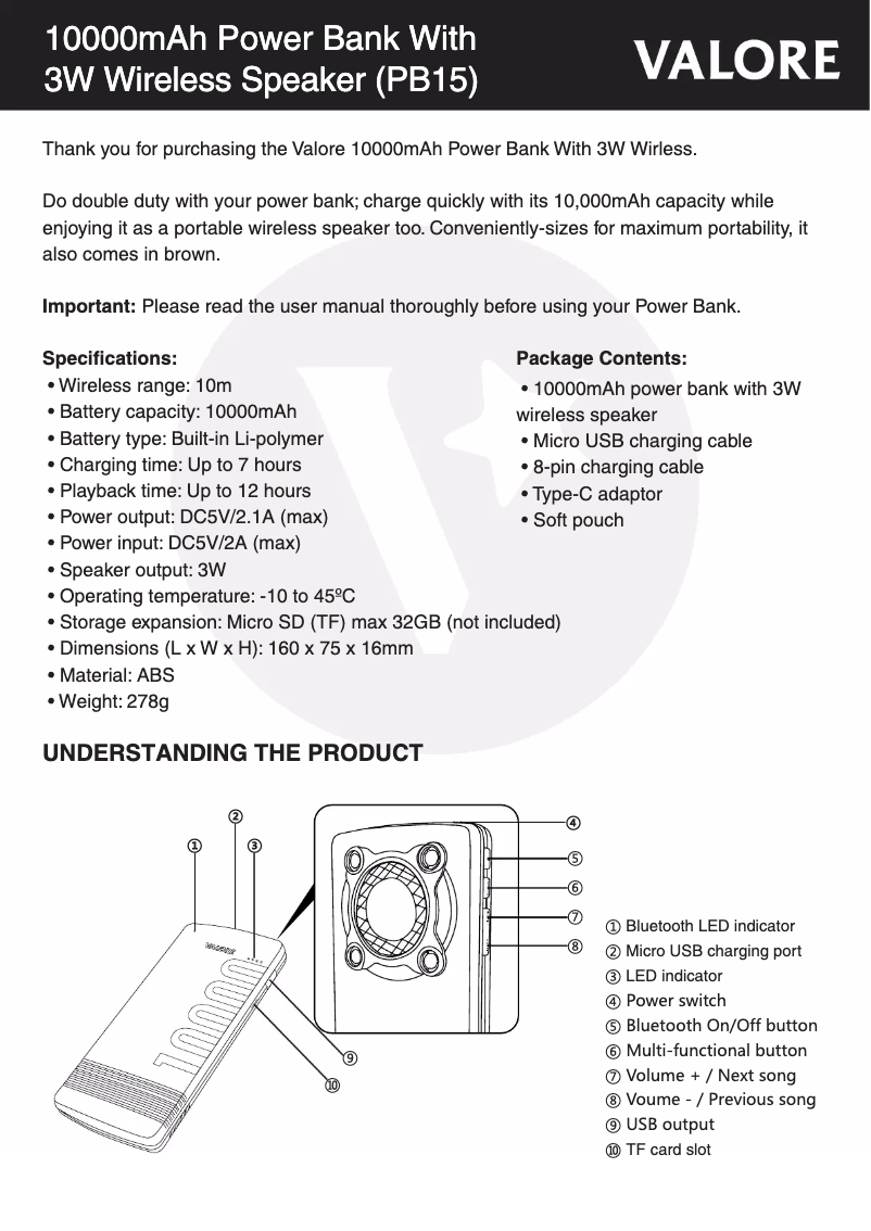 Page 1 of the manual User Manual Valore PB15