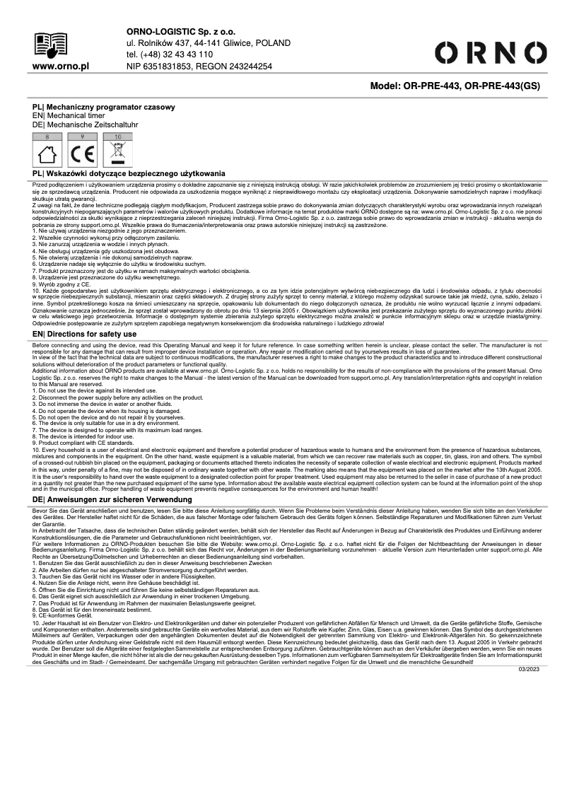 Page 1 de la notice Manuel utilisateur ORNO OR-PRE-443